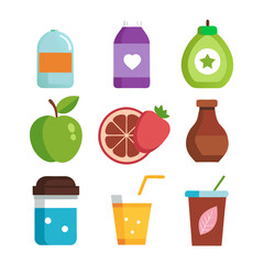 Assortment of colorful fruits and beverages flat design vector