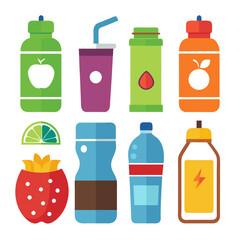 Assorted colorful beverage containers on white background illustration