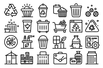 Collection of line icons for waste sorting and recycling processes