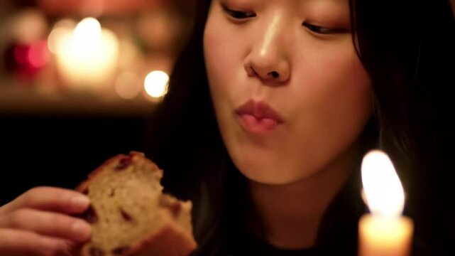 Woman enjoying slice of fruitcake by candlelight. Cozy Christmas dessert moment concept.  
