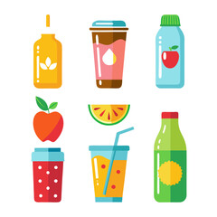 Collection of colorful fruit juice and beverage flat icons