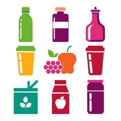 Colorful food packaging icons on white background in grid