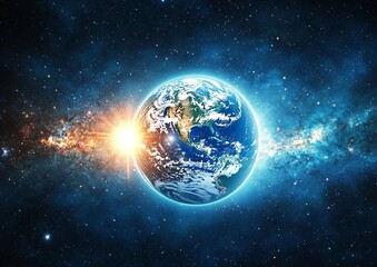 Obraz premium Panoramic view of the Earth, sun, star and galaxy. Sunrise over planet Earth, view from space. Concept on the theme of ecology, environment, Earth Day.