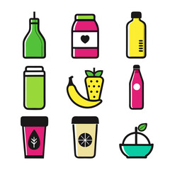 Assorted fruit juices and drinks in colorful containers vector