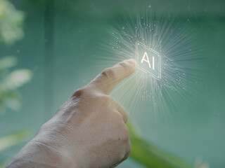 AI commands by pointing at text with your finger High-tech AI finger touching circuit board display