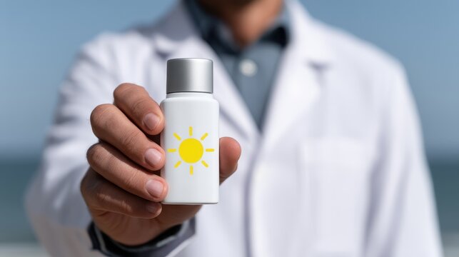 Scientist presenting sunscreen bottle against sunny beach backdrop for skin protection awareness. UV Safety Month, National Stay Out of the Sun Day