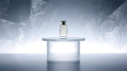Photo of Elegant perfume bottle on a frosted glass stand against a textured white background
