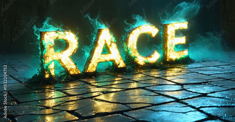 Aufkleber dramatic race text glows, emitting turquoise smoke. stone floor reflects light, creating intense vis