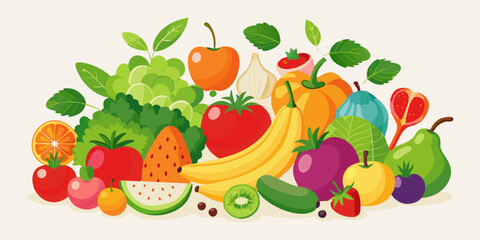 Colorful Assortment of Fresh Fruits and Vegetables Flat Vector Illustration for Healthy Eating Nutrition and Wellness Concepts Isolated on a Light Background