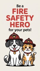 Fototapeta premium Cartoon pets in firefighter hats promoting fire safety for animals in a colorful greeting card design. National Pet Fire Safety Day