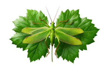 Close up Leaf insect with long legs and antennae on leaves, transparent background
