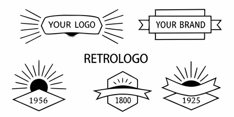 Collection of Retro Logo Designs with Rays and Banners for Branding and Business Identity in Black and White Style