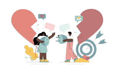 Love concept. Man and woman connect hearts. Dating in social networks Vector illustration.eps