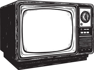 Classic Television Set Depicted in a Vintage-Inspired Woodcut Il