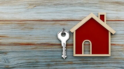 A Symbol of the red house with silver key on vintage wooden background. 3d rendering ,