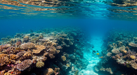 Naklejka na ściany i meble Vibrant Underwater Coral Reef Seascape Tropical Fish Paradise Ocean Ecosystem Stunning Aquatic Life Scene