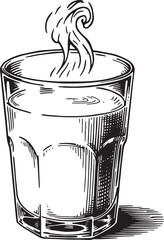 Elegant Monochrome Woodcut Illustration of Steamed Milk in a Gla