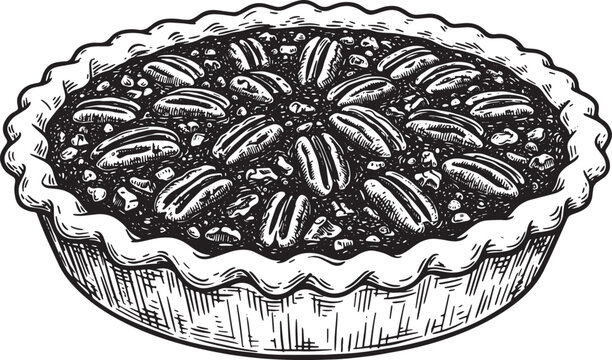 Elegant black and white woodcut illustration of a delicious peca