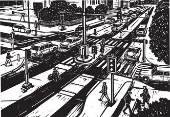 Urban Traffic Scene, A Black and White Woodcut Depiction of City