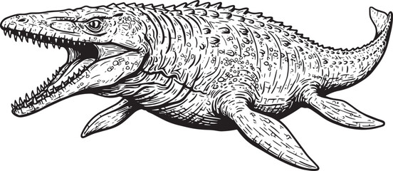 Detailed woodcut illustration of a ferocious Mosasaurus in black
