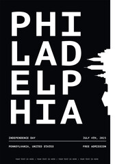 USA Philadelphia City typography minimalist vector poster for event, national festival, independence day, holiday layout. Brochure, leaflet, flyer, presentation image template for Pennsylvania