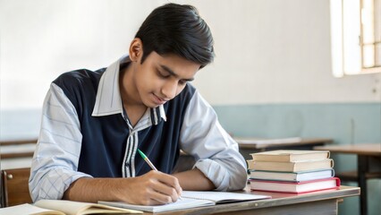 Indian student revising notes before class test	
