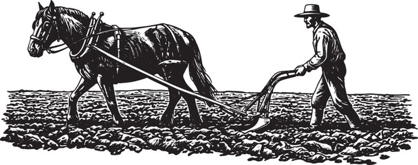 Monochrome illustration of a horse-drawn plow tilling farmland i