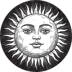 Monochrome sun with face engraving style celestial orb vintage i