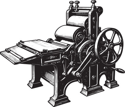 Vintage letterpress printing machine illustration showcases intr
