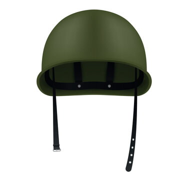Illustration of a military helmet on a plain white background showing its practical structure and shape with straps to secure it on the head