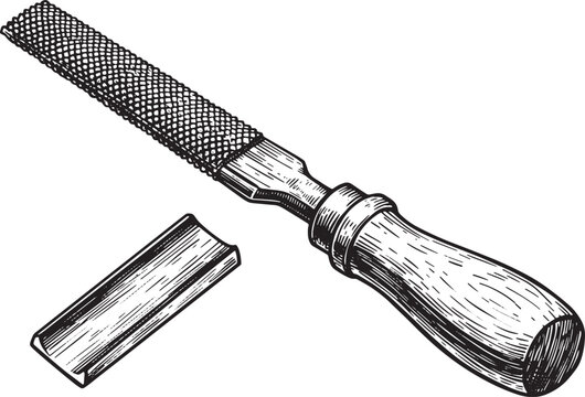 Monochrome illustration showcasing a vintage rasp tool with a wo