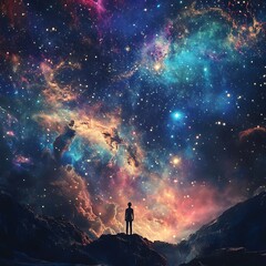 Fototapeta premium Woman gazing at star filled sky view high resolution picture