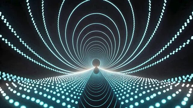 Tunnel of glowing blue circles receding into the distance on a dark background with light at the end
