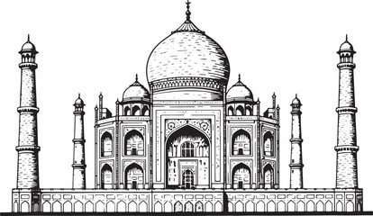 Detailed woodcut illustration of the Taj Mahal in black and whit