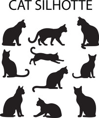 Set of 8 Black Cat Silhouettes in Various Poses on White Background – Vector Illustration