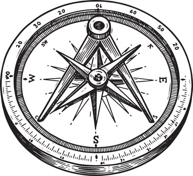 Vintage Masonic Compass Illustration, Detailed Woodcut Style Bla