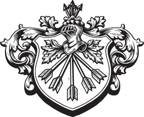 Obraz premium Ornate Heraldic Shield with Arrows and Helmet in a Vintage Woodc