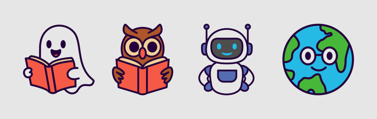 Cartoon Fun Education Mascot Icons. Fun Learning Characters, Book, Robot, Rocket, VR, Earth, Owl,Bag