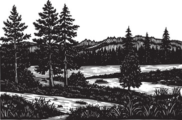 Woodcut illustration showcasing a serene national park landscape
