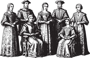 Fototapeta premium Renaissance Era Family Portrait Engraving: Detailed Black and Wh