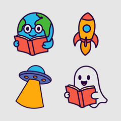 Obraz premium Cartoon Fun Education Mascot Icons. Fun Learning Characters, Book, Robot, Rocket, VR, Earth, Owl,Bag