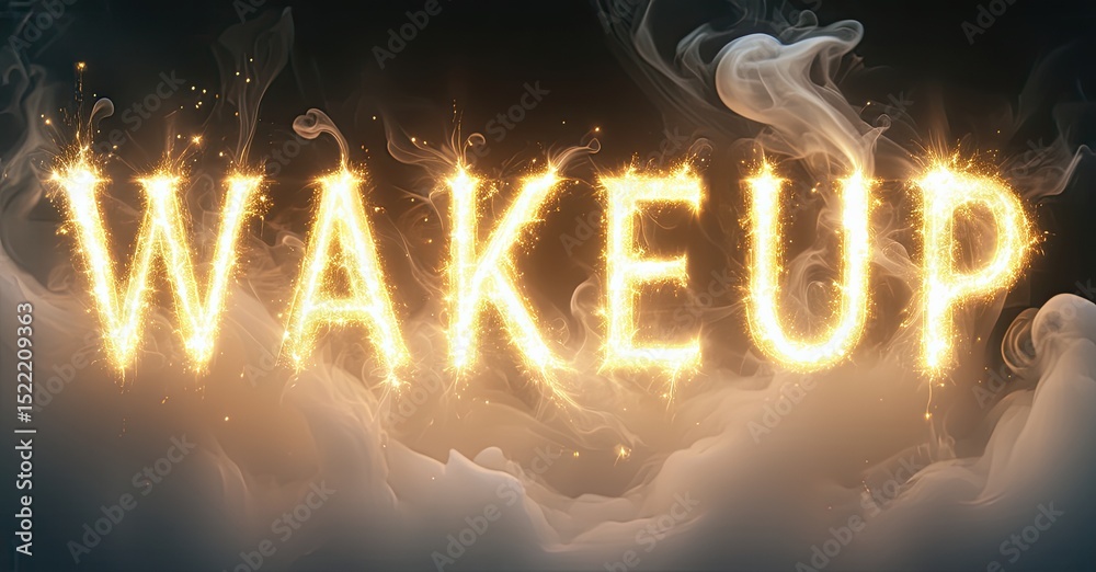 Poster fiery text spells wakeup. smoke swirls around glowing letters. dark background emphasizes bright ill