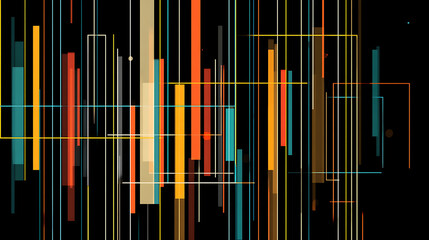 Fototapeta premium Colorful geometric lines arranged in a clean and precise abstract vector style on a black background. Modern design layout with flat perspective ideal for digital themes, futuristic concepts