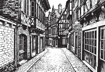 Charming European alleyway with Tudor style buildings, woodcut b