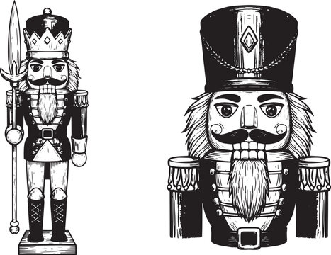 Black and White Woodcut Illustration of Two Vintage Nutcracker F