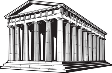 Striking monochrome illustration of a classical greek temple fac