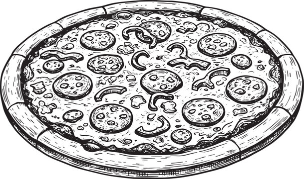 Delicious pizza illustration in black and white for culinary pro - Powered by Adobe