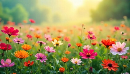 Fototapeta premium Vibrant abstract field of wildflowers in full bloom, perfect for website backgrounds or presentations Stunning colors and textures ideal for nature-themed projects , white, wildflowers, red