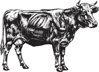 Obraz premium Detailed Woodcut Illustration of a Cow in Black and White Style