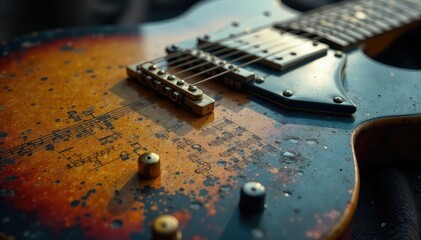 Close-up shot of a worn, vintage guitar with blues notes etched into its body , melody, pentatonic scale, fretboard